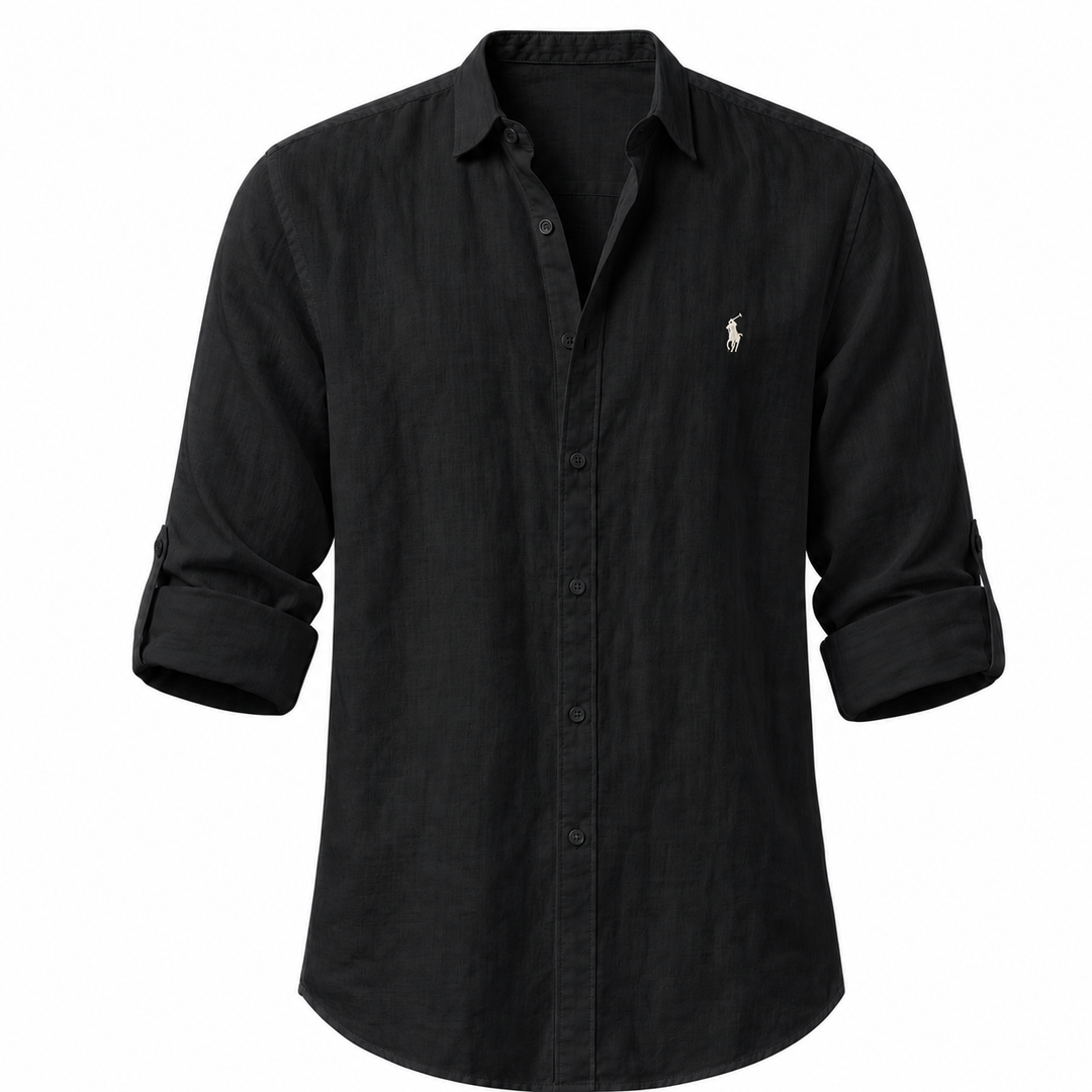 Positano Linen Resort Shirt in Black on a white background