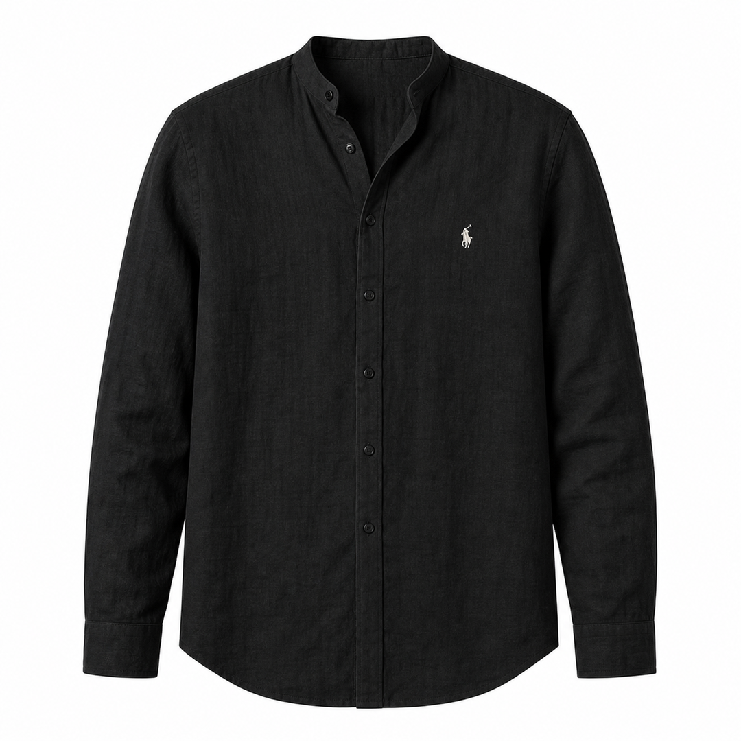 Amalfi Long-Sleeve Henley Shirt in Black on a white background