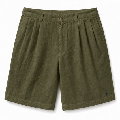 Capri Pleated Linen Shorts — Army Green