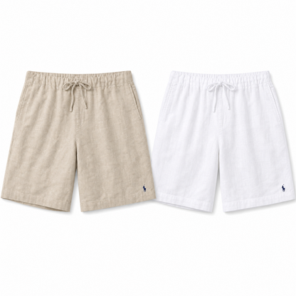 [2-Pack] Bellagio Drawstring Linen Shorts - Beige / White