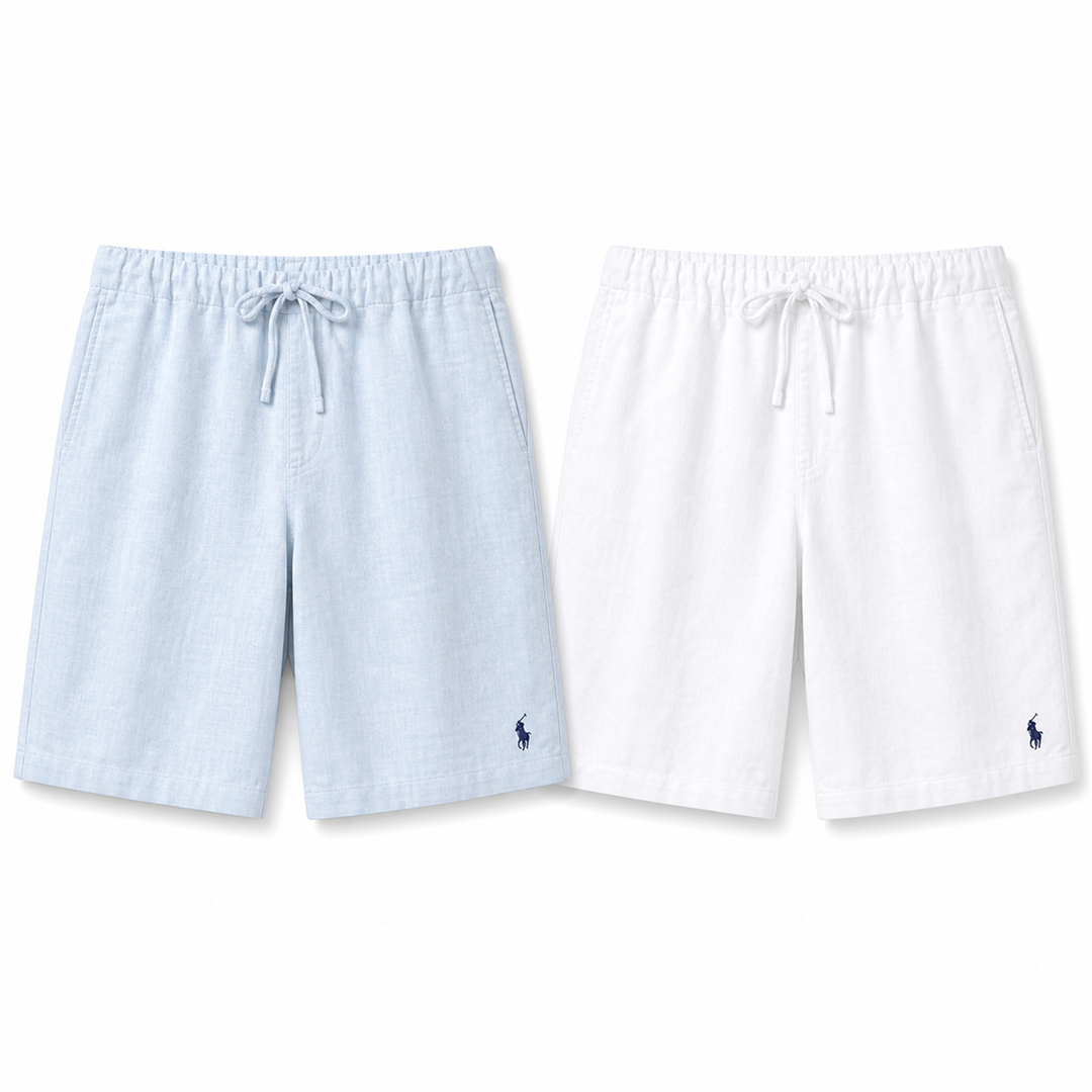 [2-Pack] Bellagio Drawstring Linen Shorts - Light Blue / White