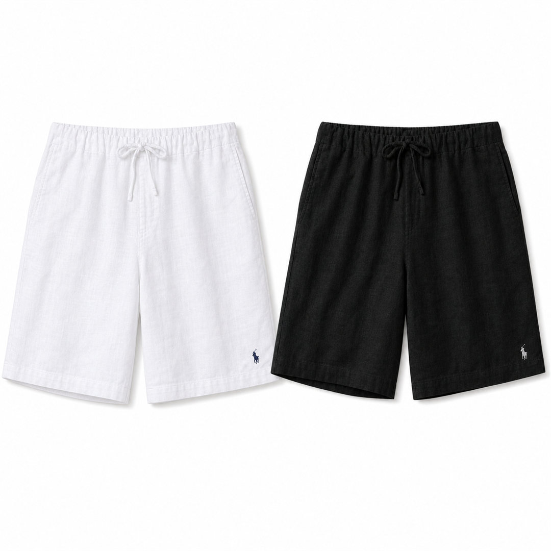 [2-Pack] Bellagio Drawstring Linen Shorts - White / Black