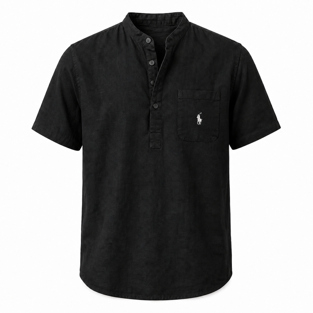 Capri Linen Pocket Henley Shirt in Black on a white background