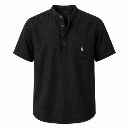 Capri Linen Pocket Henley Shirt in Black on a white background