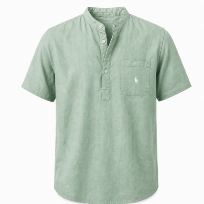 Capri Linen Pocket Henley Shirt in Green on a white background
