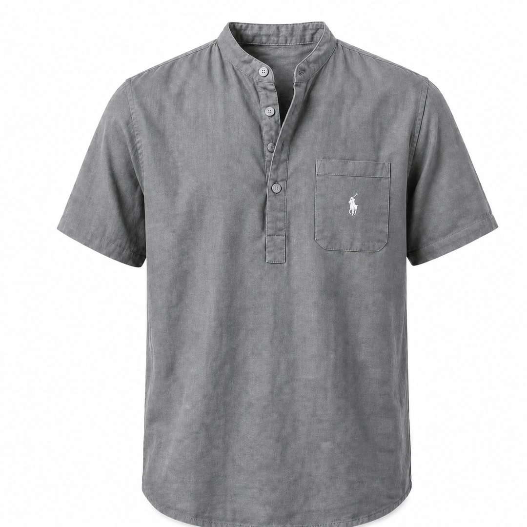 Capri Linen Pocket Henley Shirt in Grey on a white background