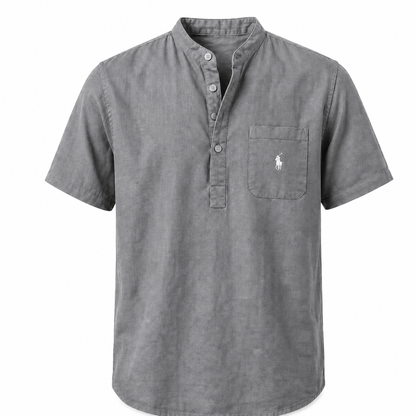 Capri Linen Pocket Henley Shirt in Grey on a white background