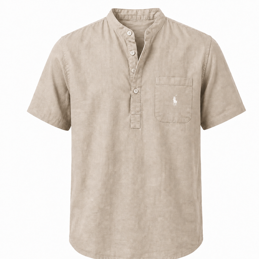 Capri Linen Pocket Henley Shirt in Khaki on a white background