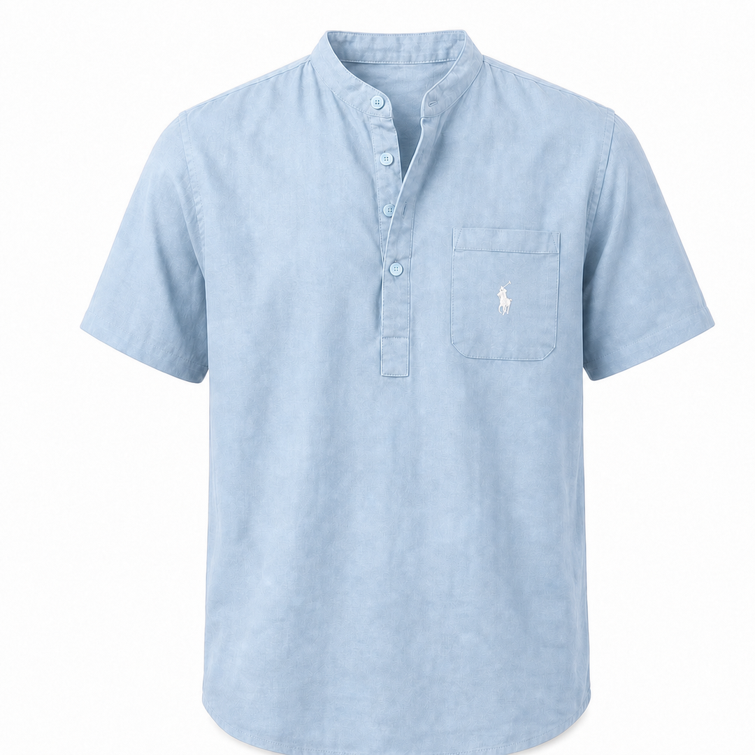 Capri Linen Pocket Henley Shirt in Light Blue on a white background