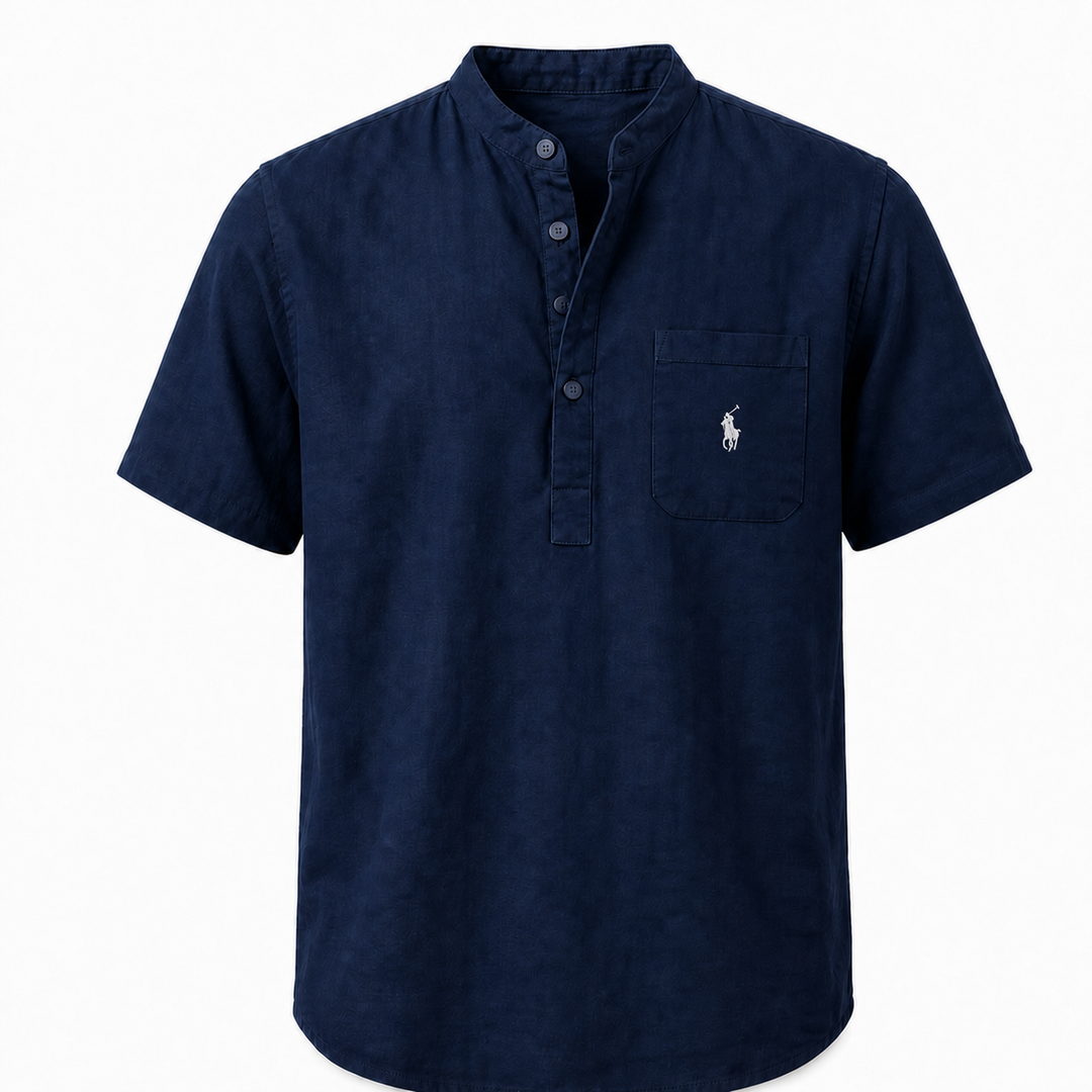 Capri Linen Pocket Henley Shirt in Navy Blue on a white background