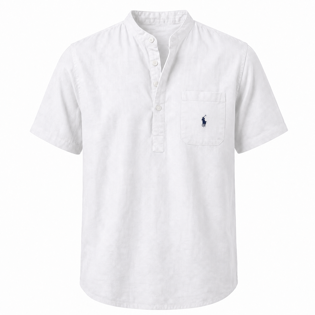 Capri Linen Pocket Henley Shirt in White on a white background