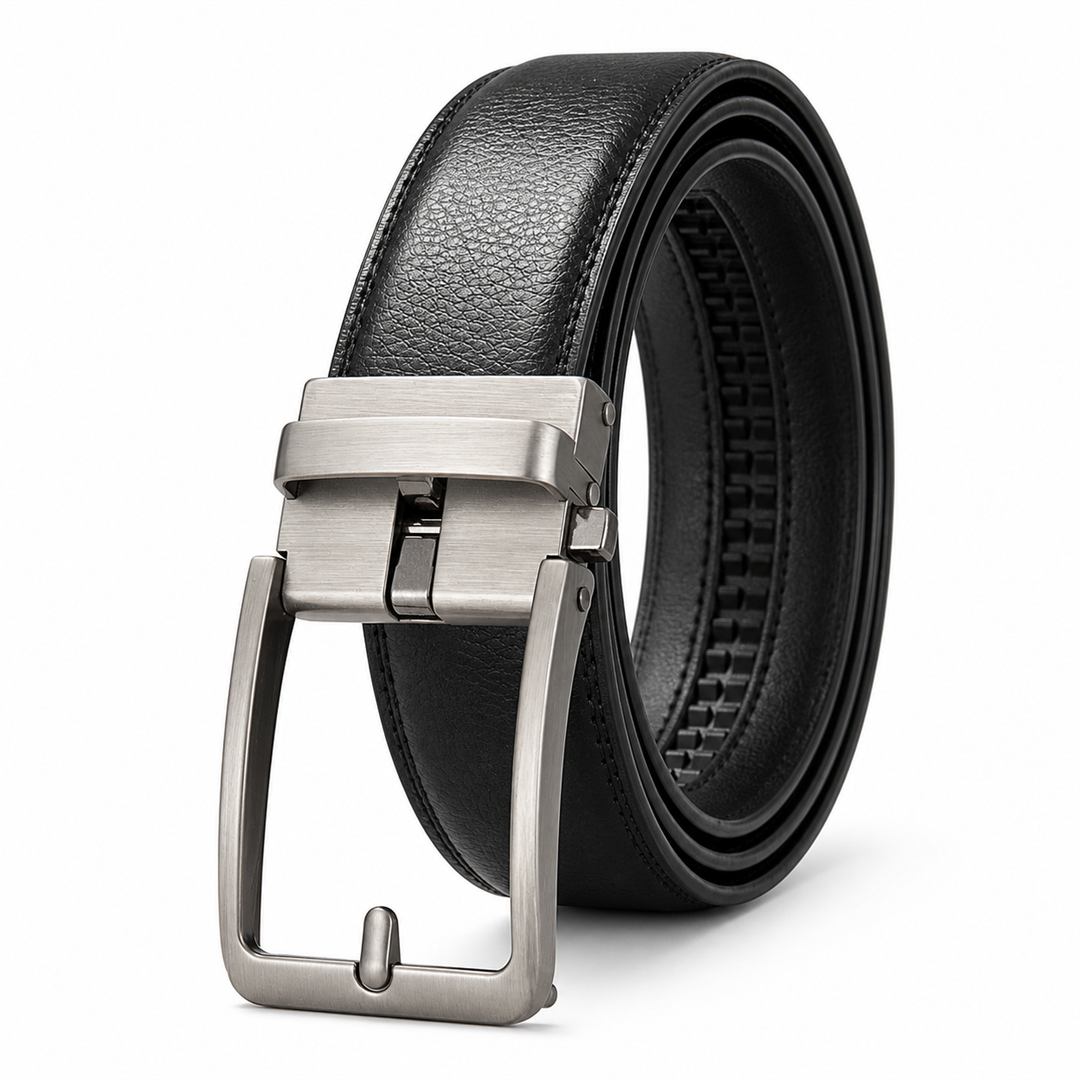 Mayfair Automatic Leather Belt in black with brushed silver buckle on white background