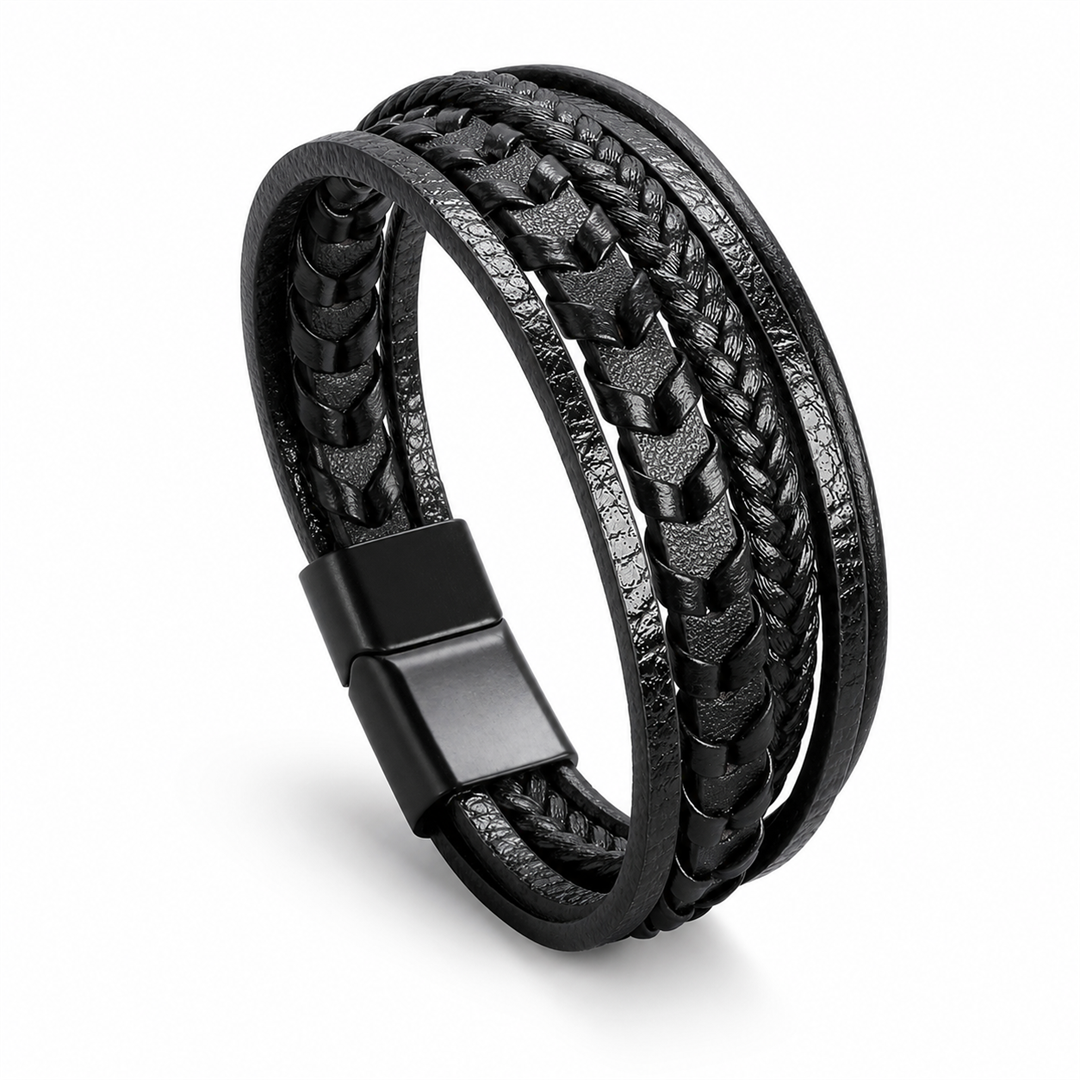 Sorrento Layered Leather Bracelet in black on white background