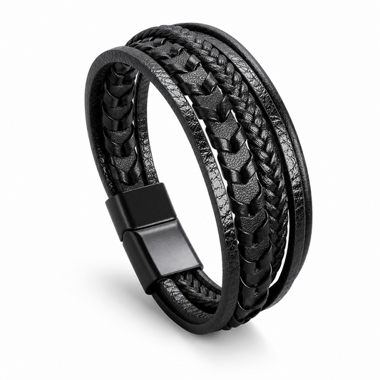 Sorrento Layered Leather Bracelet in black on white background