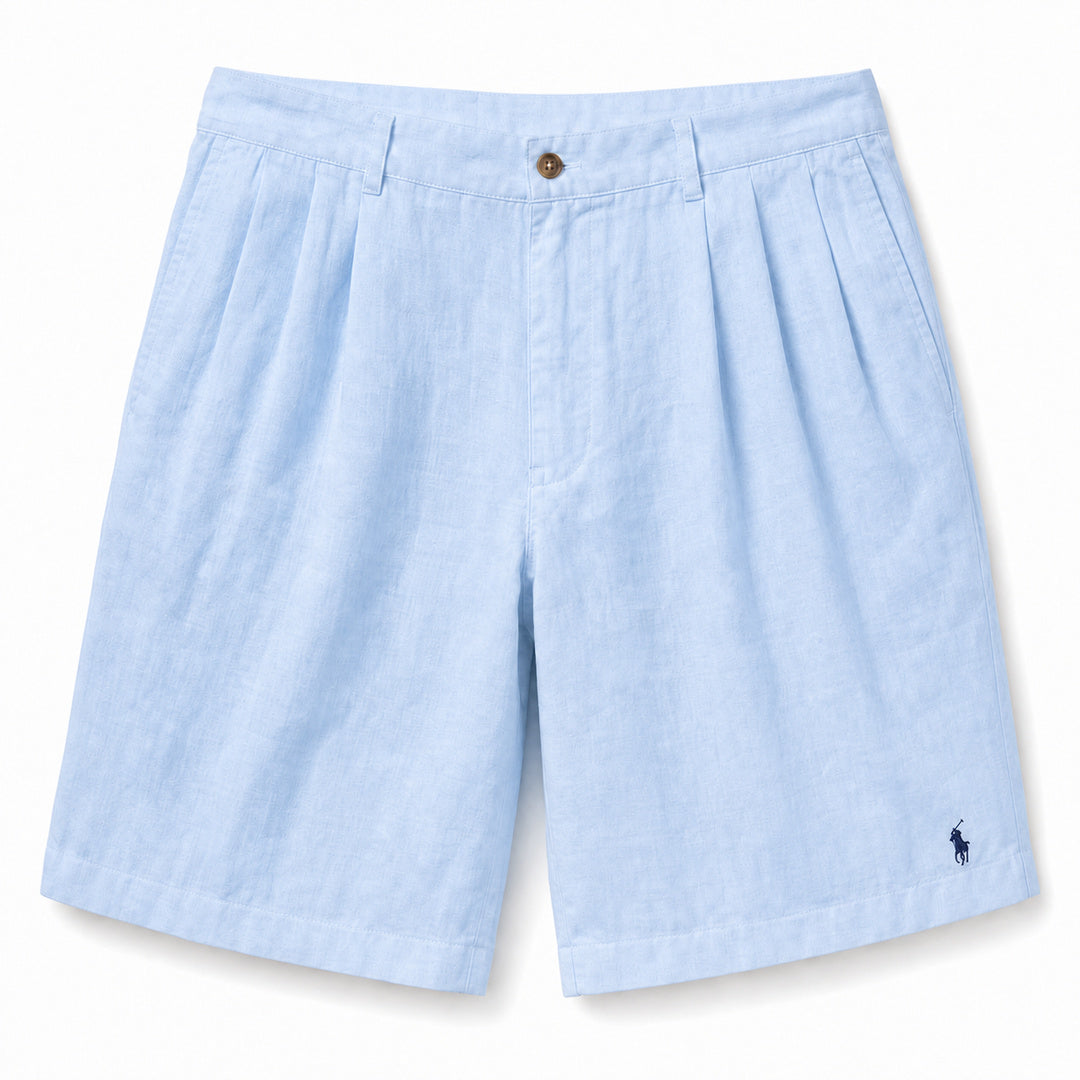 Capri Pleated Linen Shorts — Light Blue