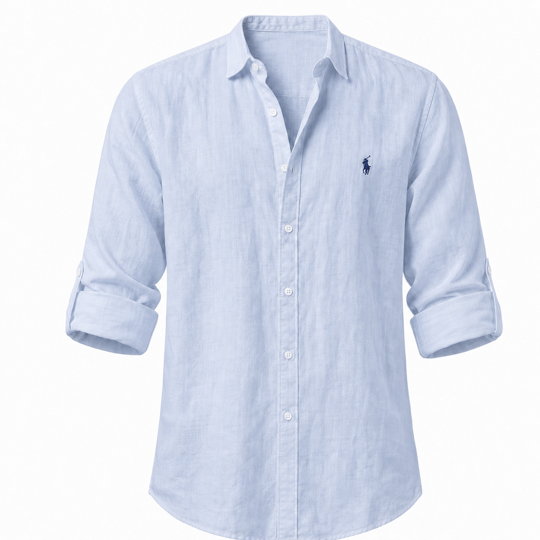 Positano Linen Resort Shirt in Sky Blue on a white background