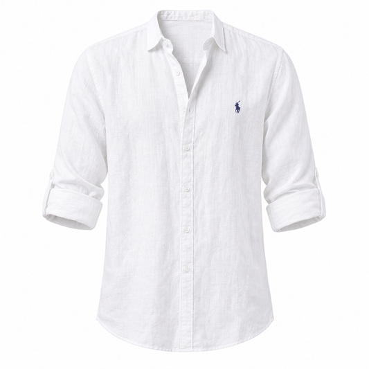 Positano Linen Resort Shirt in White on a white background